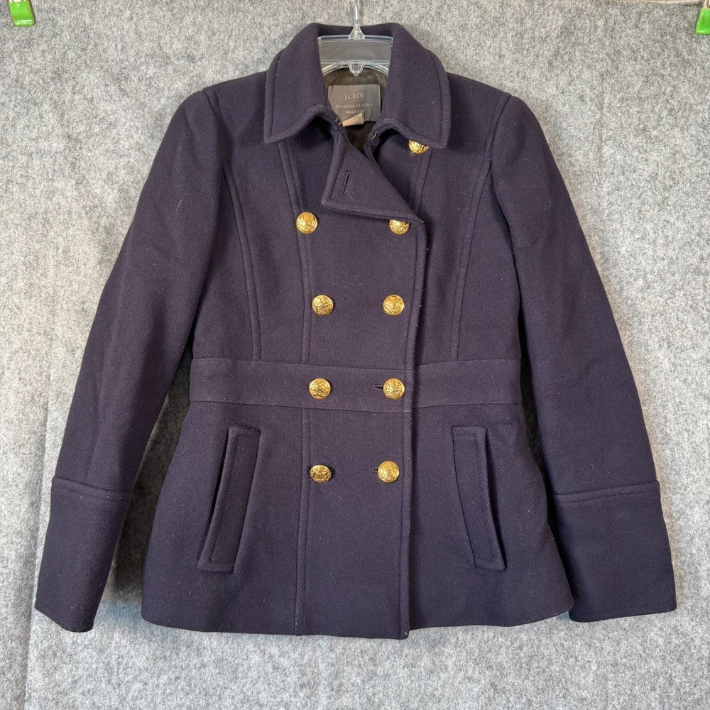 J Crew Stadium Cloth Nello Gori Wool Pea Coat Womens 2 Navy Nautical Gold Preppy
